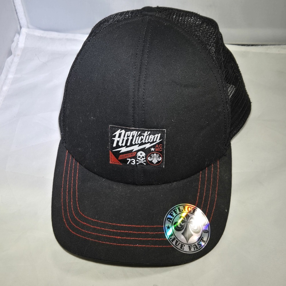 Affliction Hat Cap Snap Back‎ Black Mesh Trucker Skull Mens One Size Logo Y2K